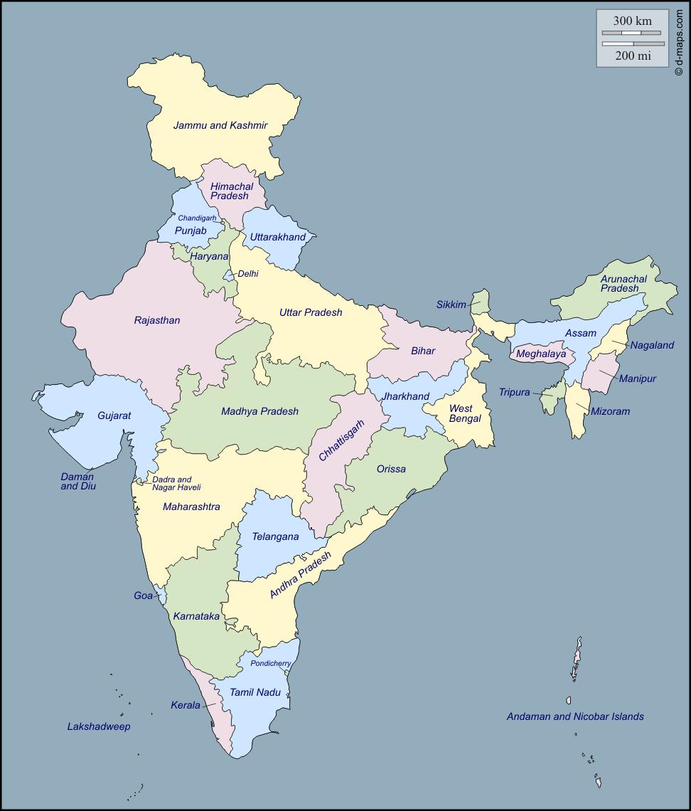 Indien-politische Karte mit Hauptstädten - Politische Karte Indiens mit