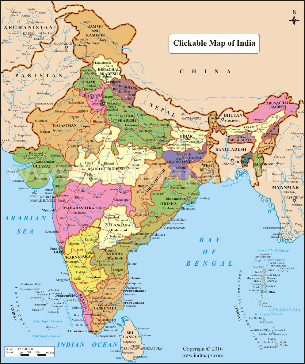 Karte Indiens mit Bundesstaaten und Städte - Karte von Indien mit