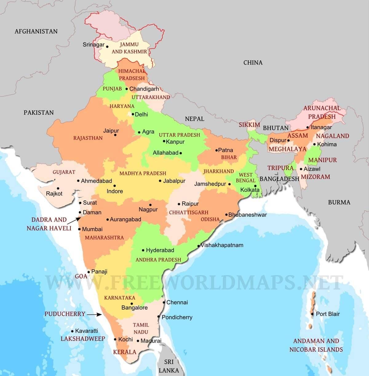 politische Karte von Nord-Indien
